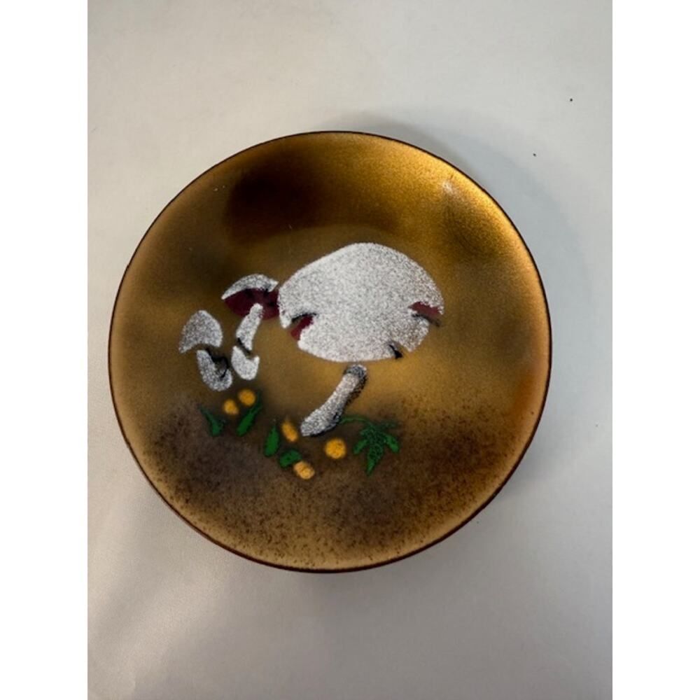 Vintage Bovano of Cheshire Enamel on Copper Mushroom 3" small dish plate mcm